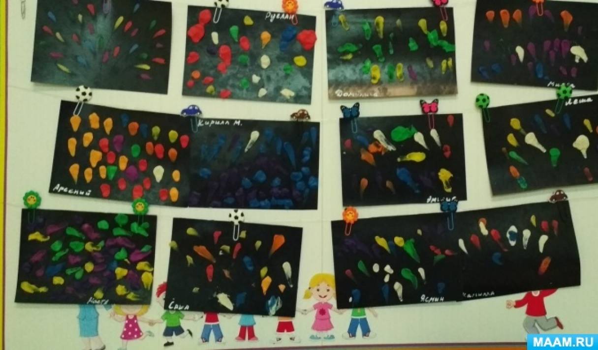 Конспект заняття з використанням нетрадиційної малювання пластиліном «Святковий салют» в другій молодшій групі   ялина: зобразити салют з допомогою розмазування пластилінових кульок різних кольорів на темному тлі